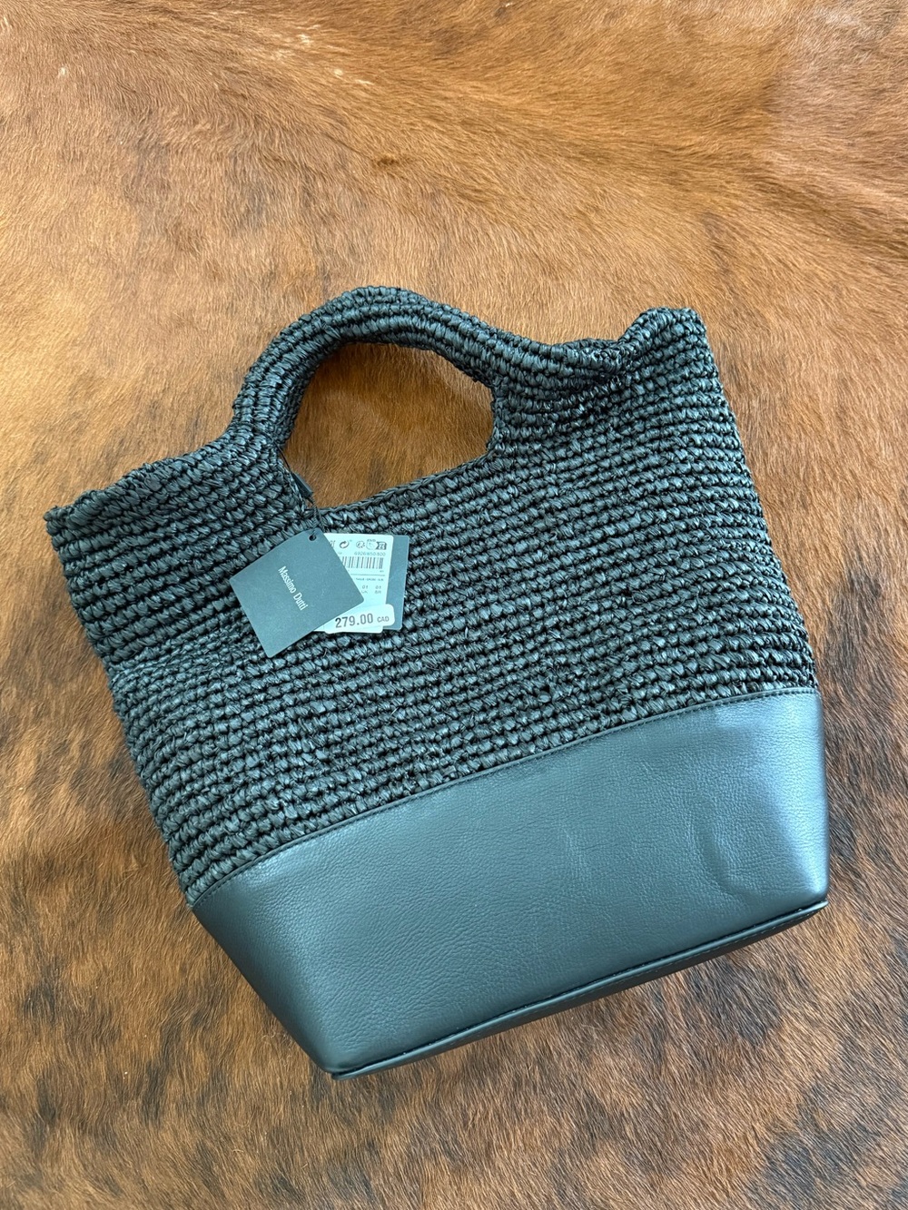 Massimo Dutti Black Woven Raffia Tote with Leather Base